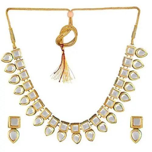 Saissa Gold Plated Metal Jadau Kundan Choker Indian Necklace Earrings Jewelry Set for Girls and Women