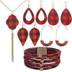 6 Pieces Christmas Red Black Plaid Print Jewelry Set, Christmas Plaid Multi-Layer Bracelet, Faux Leather Dangle Earrings, Tassel Necklace for Women