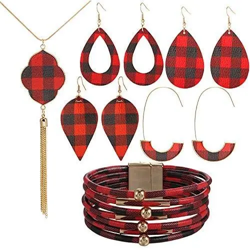 6 Pieces Christmas Red Black Plaid Print Jewelry Set, Christmas Plaid Multi-Layer Bracelet, Faux Leather Dangle Earrings, Tassel Necklace for Women