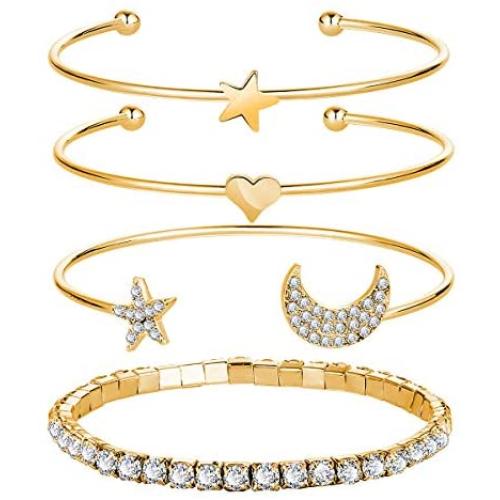 Adjustable Star and Moon Rhinestone Bracelets Set, Celestial Symbols Heart Stackable Open Cuff Cubic Zircon Bracelet Jewelry for Women Teen Girls