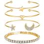 Adjustable Star and Moon Rhinestone Bracelets Set, Celestial Symbols Heart Stackable Open Cuff Cubic Zircon Bracelet Jewelry for Women Teen Girls