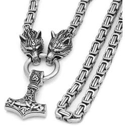 GuoShuang Men Stainless Steel Wolf Head Norse Viking Amulet Thor Mjolnir Necklace King Chain with Valknut Gift Bag