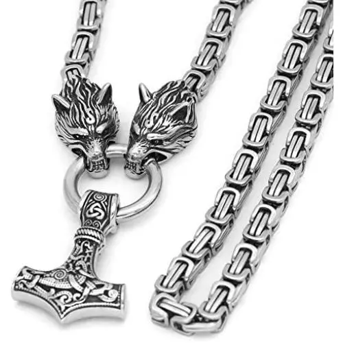 GuoShuang Men Stainless Steel Wolf Head Norse Viking Amulet Thor Mjolnir Necklace King Chain with Valknut Gift Bag