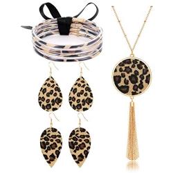 Leopard Print Pendant Necklace Drop Earrings Bangle Bracelet Set-Cheetah Print Leather Jewelry Set for Women