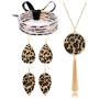 Leopard Print Pendant Necklace Drop Earrings Bangle Bracelet Set-Cheetah Print Leather Jewelry Set for Women