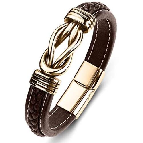 StarLight Mens Woven Leather Cuff Bracelet Fashion Stainless Steel Magnetic Buckle Wristband Punk Personality Bracelet