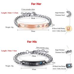 MMTTAO 2Pcs Couple Bracelet for His and Her Matching Sets Cubic Zirconia Titanium Stainless Steel Friendship Relationship Personalized Distance Chain Bracelet for Women Men Lover Promise Jewelry Gifts