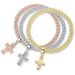Barzel 18K Gold Plated Tri-Gold Charm Stretch Bracelets 3 Piece Set