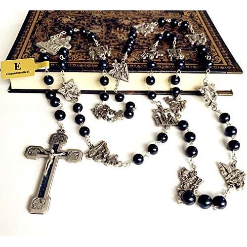 elegantmedical Stations of the Cross Prayer Rosary Real Black Pearl Beads Necklace Catholic Gifts Box