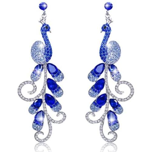 EVER FAITH 4 Inch Peacock Teardrop Dangle Earrings Austrian Crystal