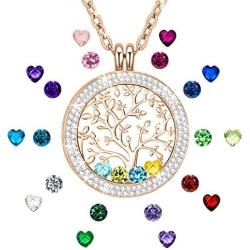 I Love You to The Moon and Back Family Tree of Life Floating Charms Memory Locket Necklace with Created Birthstone