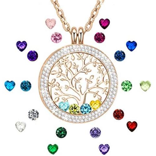 I Love You to The Moon and Back Family Tree of Life Floating Charms Memory Locket Necklace with Created Birthstone