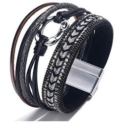 Bohemian Colorful Tiered Leather Beads Wrap Bracelet Fashionable Hammered Ring Wrist Cuff Magnetic Buckle Clasp Bangle for Women Men Girls Jewelry Vacation Gift