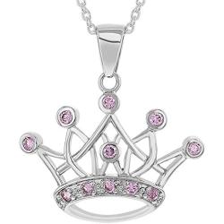 In Season Jewelry Rhodium Plated Princess Crown Necklace Pendant Pink CZ Girls Childrens 16''