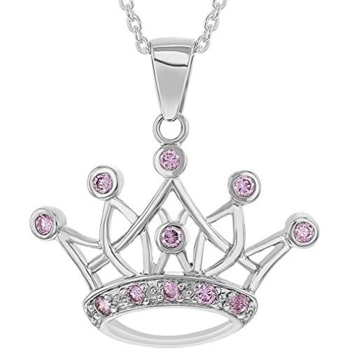 In Season Jewelry Rhodium Plated Princess Crown Necklace Pendant Pink CZ Girls Childrens 16''
