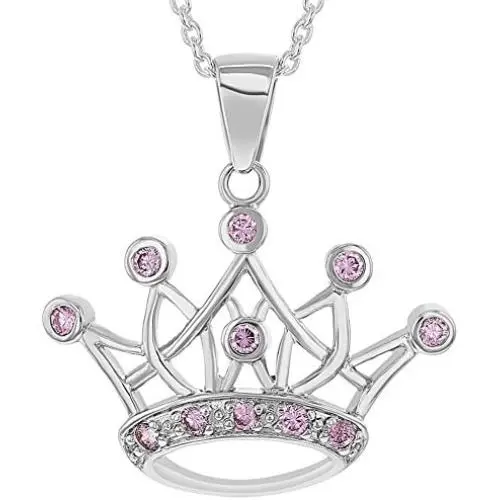 In Season Jewelry Rhodium Plated Princess Crown Necklace Pendant Pink CZ Girls Childrens 16'' In Season Jewelry Rhodium Plated Princess Crown Necklace Pendant Pink CZ Girls Childrens 16''