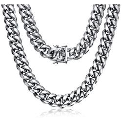 ROWIN&CO Large Heavy Men Silver 316L Stainless Steel Miami Cuban Link Chain Curb Necklace Hip hop Jewelry Choker Chain, 15mm Width/ 18-35 inch Lengths, Great Gifts to Families and Friends, (with Gift Box)