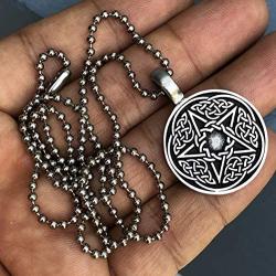 Magic Wicca Wiccan Paganism Pagan Jewelry Celt Celtic Pentagram Pentacle Star Protection Amulet Mens Pewter Pendant Necklace Luck Wealth Money Charm Safe Travel Talisman Repel Evil Silver Ball Chain