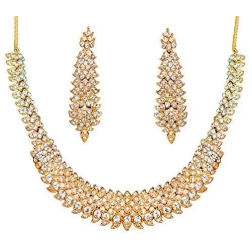 Touchstone Indian Bollywood Intricately Crafted Diamond Look Rhinestone Crystal Colorful Wedding Designer Jewelry Necklace Set in Gold and Silver Tone for Women.