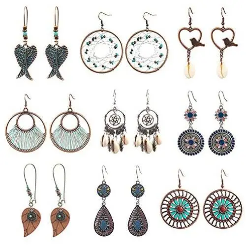 9 Pairs Vintage Boho Earrings Traditional Hollow Bohemian Retro Geometric Drop Dangle Earring Set for Womens Girls 9 Pairs Vintage Boho Earrings Traditional Hollow Bohemian Retro Geometric Drop Dangle Earring Set for Womens Girls
