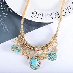 Simsly Vintage Crystal Necklace Gold Turquoise Pendant Necklace Chain Jewelry with Earring for Women and Girls