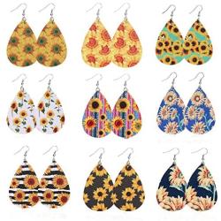 9 Pairs Sunflower Flower Fall Faux Leather Teardrop Dangle Earrings Lightweight Earrings for Women Girls Gift Leaf Drop Earrings Set Autumn Jewelry