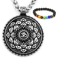 GUNGNEER Ohm Mandala Necklace Lotus Pendant Stainless Steel Meditation Strength Amulet Om Jewelry Gift Men Women