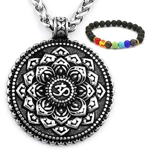GUNGNEER Ohm Mandala Necklace Lotus Pendant Stainless Steel Meditation Strength Amulet Om Jewelry Gift Men Women
