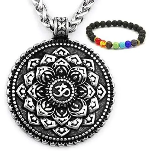 GUNGNEER Ohm Mandala Necklace Lotus Pendant Stainless Steel Meditation Strength Amulet Om Jewelry Gift Men Women GUNGNEER Ohm Mandala Necklace Lotus Pendant Stainless Steel Meditation Strength Amulet Om Jewelry Gift Men Women