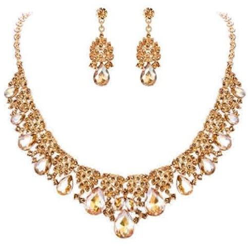 BriLove Indian Costume Jewelry Sets for Brides Rhinestone Teardrop Hollow Scroll Statement Necklace Dangle Earrings