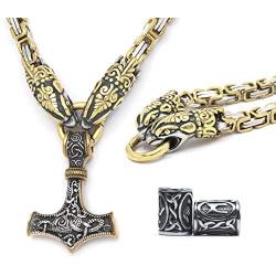 Gungneer Viking Thor Hammer Pendant 18k Gold Plated Stainless Steel Dragon Head Byzantine Chain Necklace Asatru Pagan Jewel