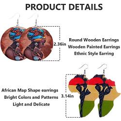 BOMAIL 20Pairs African Wooden Earrings for Women Round Wood Painted Earring Drop Earring Ethnic Style