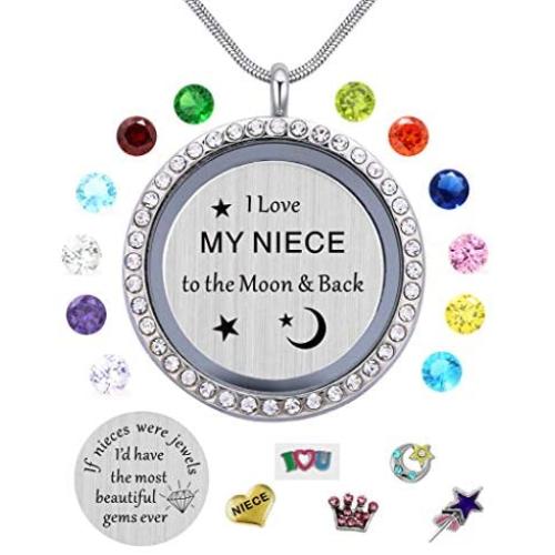 beffy Best Gifts for Niece Aunt, Floating Living Memory Locket Necklace Pendant with Charm & Birthstone for Women, Girls & Teen Girl