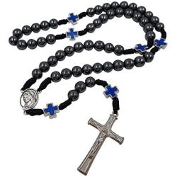 TALISMAN4U Black Hematite Beads Catholic Rosary Divine Mercy Medal Blue Cross Father Bead Religious Jewelry Gift Box