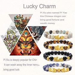 JEWPARK 6 Pcs Feng Shui Pixiu Good Luck Bracelets for Men Women Natural Gemstone Healing Energy Pi Yao Dragon Charm Beaded Bracelet Attach Wealth Money Jewelry