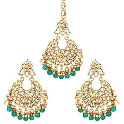 Aheli Ethnic Wedding Kundan Pearl Earrings Maang Tikka Set Indian Traditional Jewelry for Women