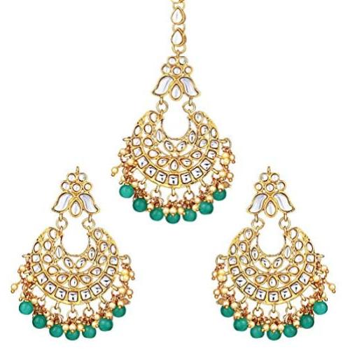 Aheli Ethnic Wedding Kundan Pearl Earrings Maang Tikka Set Indian Traditional Jewelry for Women