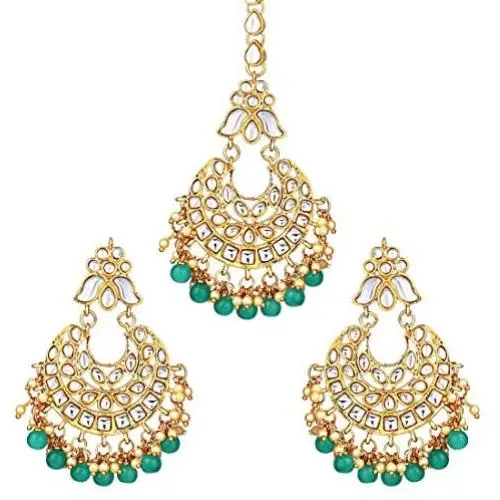 Aheli Ethnic Wedding Kundan Pearl Earrings Maang Tikka Set Indian Traditional Jewelry for Women Aheli Ethnic Wedding Kundan Pearl Earrings Maang Tikka Set Indian Traditional Jewelry for Women