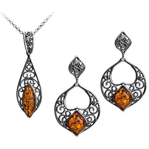 Sterling Silver Amber Filigree Earrings and Pendant Set 18''