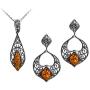 Sterling Silver Amber Filigree Earrings and Pendant Set 18''