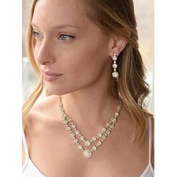 Mariell Gold Two-Row Rhinestone Crystal Necklace and Earrings Set - Prom, Brides and Bridesmaids Jewelry