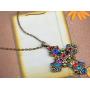 Alilang Ornate Antique Golden Tone Colorful Rhinestone Cross Pendant Necklace