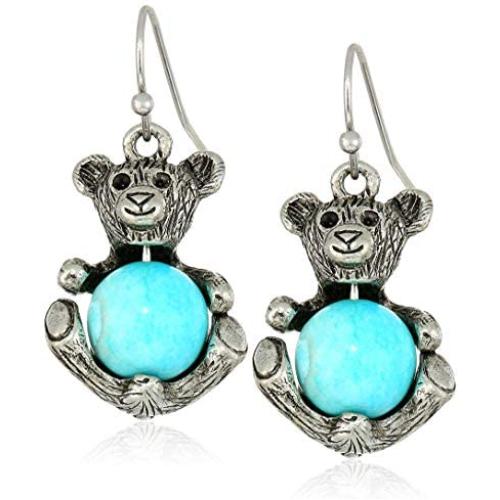 1928 Jewelry Womens Pewter Round Semi Precious Turquoise Dyed Howlite Teddy Bear Wire Earrings, Blue, One Size