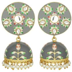 Aheli Elegant Traditional Wedding Festive Wear Faux Kundan Studded Floral Enamel Indian Jhumki Dangle Earrings Ethnic Fashion Jewelry for Women Girls