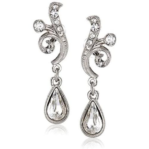 1928 Jewelry Silver-Tone Crystal Scroll Teardrop Earrings