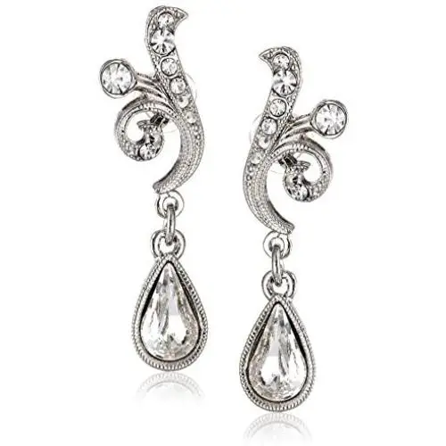 1928 Jewelry Silver-Tone Crystal Scroll Teardrop Earrings 1928 Jewelry Silver-Tone Crystal Scroll Teardrop Earrings