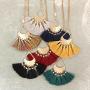 RIAH FASHION Bohemian Fringe Tassel Pendant Statement Necklace - Silky Strand Semi Circle Fan Thread, Pearl Turquoise Charm Delicate Long Chain