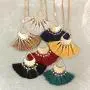 RIAH FASHION Bohemian Fringe Tassel Pendant Statement Necklace - Silky Strand Semi Circle Fan Thread, Pearl Turquoise Charm Delicate Long Chain RIAH FASHION Bohemian Fringe Tassel Pendant Statement Necklace - Silky Strand Semi Circle Fan Thread, Pearl Turquoise Charm Delicate Long Chain