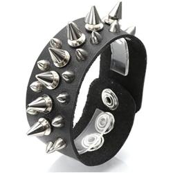 Top Plaza Mens Womens Black Genuine Leather Bracelets Necklaces Jewelry Set Metal Spike Studded Punk Rock Skull Biker Adjustable Cuff Bracelet Choker Necklace