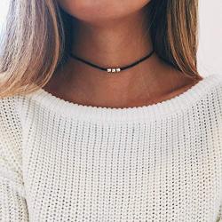 TseanYi Boho Bead Choker Necklace Short Black Necklaces Minimalist Collar Necklace Jewelry for Women and Girls (Silver)